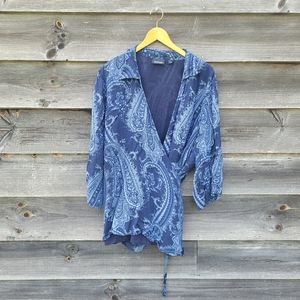 avenue paisley genuine wrap top blouse blue tie waist plus size - 26/28